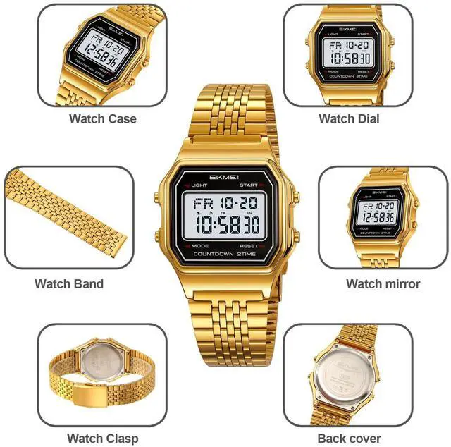 Alt view image 6 of 7 - Unisex Square Face Digital Watch Retro Y2K Stainless Steel & Stretching Band 30M Waterproof Wristwatch with LED Backlight, Dual Time, Alarm, Multiple Color Options (Silver Stretch)