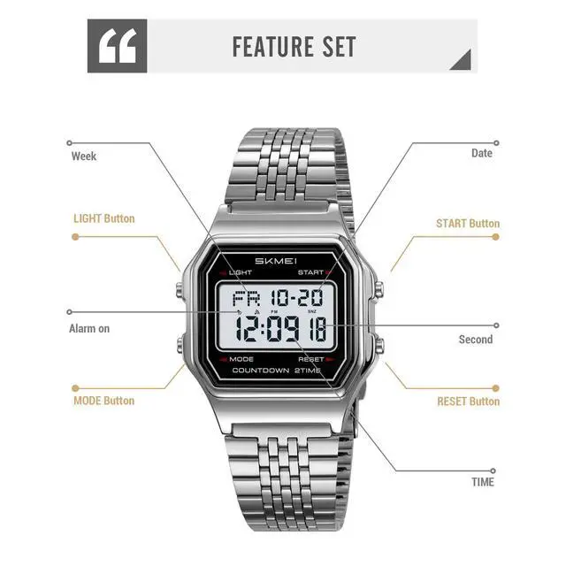 Alt view image 7 of 7 - Unisex Square Face Digital Watch Retro Y2K Stainless Steel & Stretching Band 30M Waterproof Wristwatch with LED Backlight, Dual Time, Alarm, Multiple Color Options (Silver Stretch)