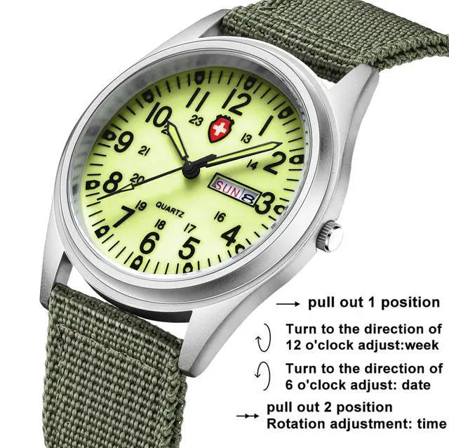 Alt view image 2 of 7 - Unisex Military Watches Sport Textile Nylon Strap Luminous Fashion Watch Analog Display Quartz Waterproof Casual Wristwatch (Green Luminous)