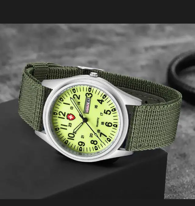 Alt view image 4 of 7 - Unisex Military Watches Sport Textile Nylon Strap Luminous Fashion Watch Analog Display Quartz Waterproof Casual Wristwatch (Green Luminous)