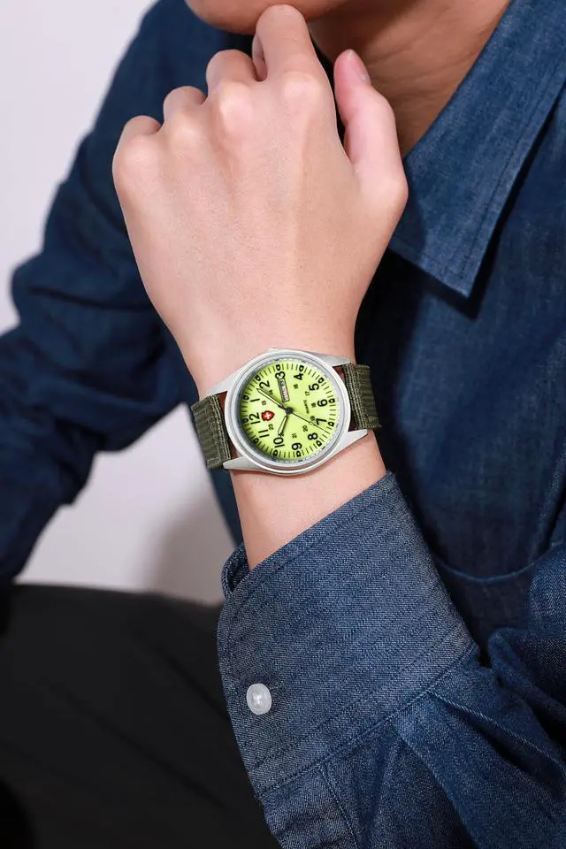 Alt view image 3 of 7 - Unisex Military Watches Sport Textile Nylon Strap Luminous Fashion Watch Analog Display Quartz Waterproof Casual Wristwatch (Green Luminous)