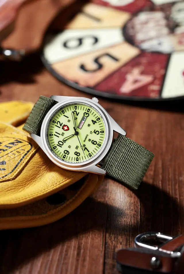Alt view image 5 of 7 - Unisex Military Watches Sport Textile Nylon Strap Luminous Fashion Watch Analog Display Quartz Waterproof Casual Wristwatch (Green Luminous)