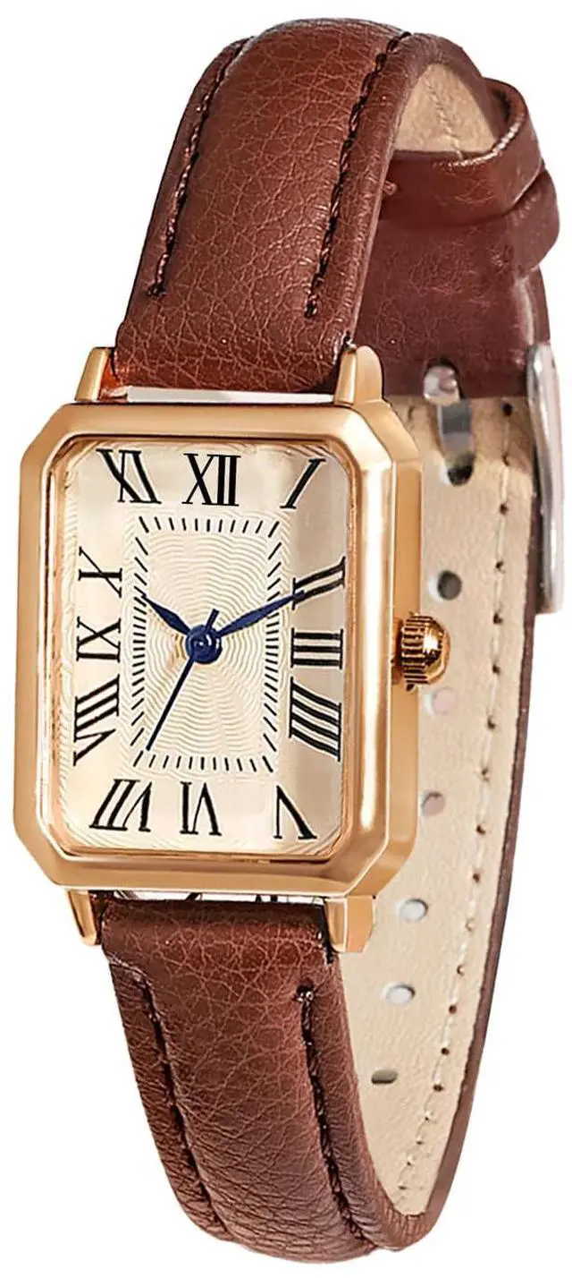 Main image of Leather Strap Watches for Women Elegant Dainty Ladies Watch Vintage Rectangle Women Quartz Wrist Watch (Brown Gold)