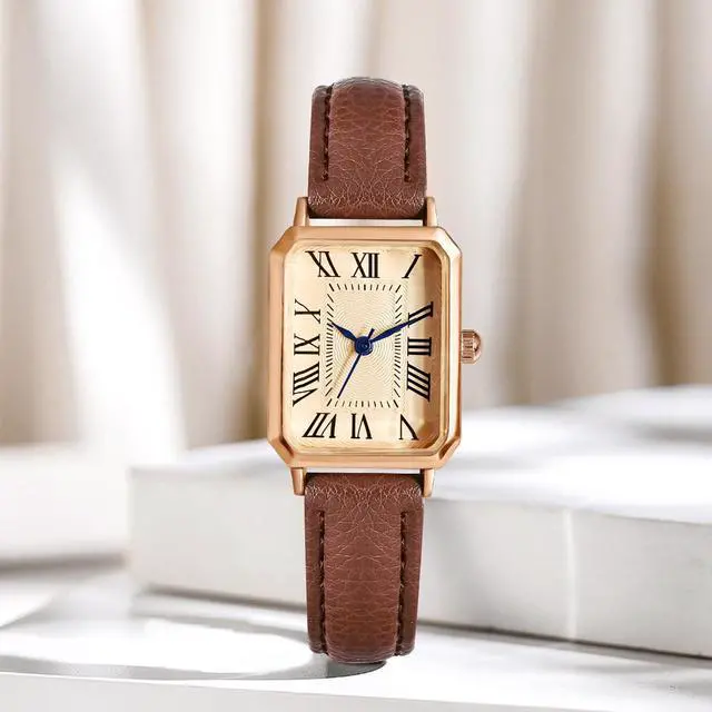 Alt view image 2 of 6 - Leather Strap Watches for Women Elegant Dainty Ladies Watch Vintage Rectangle Women Quartz Wrist Watch (Brown Gold)