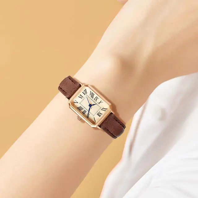 Alt view image 3 of 6 - Leather Strap Watches for Women Elegant Dainty Ladies Watch Vintage Rectangle Women Quartz Wrist Watch (Brown Gold)