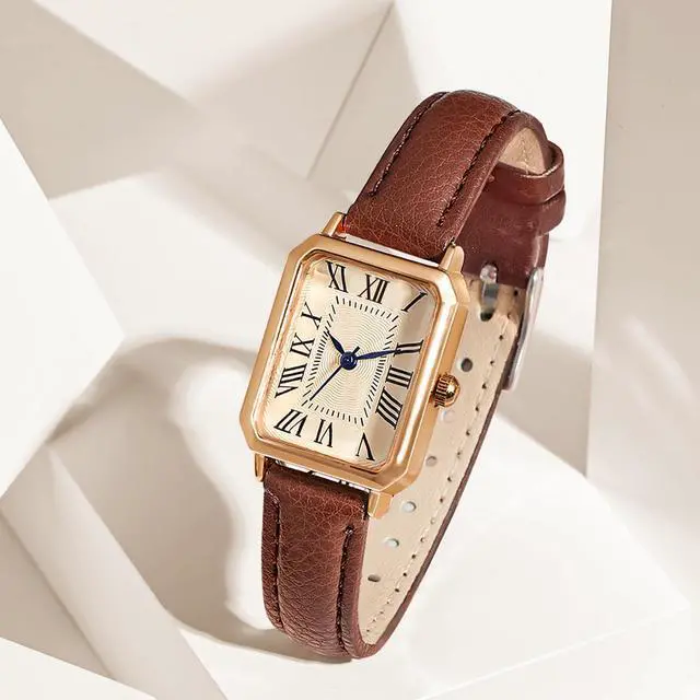 Alt view image 4 of 6 - Leather Strap Watches for Women Elegant Dainty Ladies Watch Vintage Rectangle Women Quartz Wrist Watch (Brown Gold)