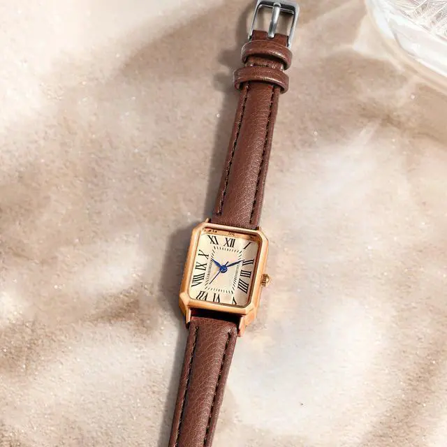 Alt view image 5 of 6 - Leather Strap Watches for Women Elegant Dainty Ladies Watch Vintage Rectangle Women Quartz Wrist Watch (Brown Gold)