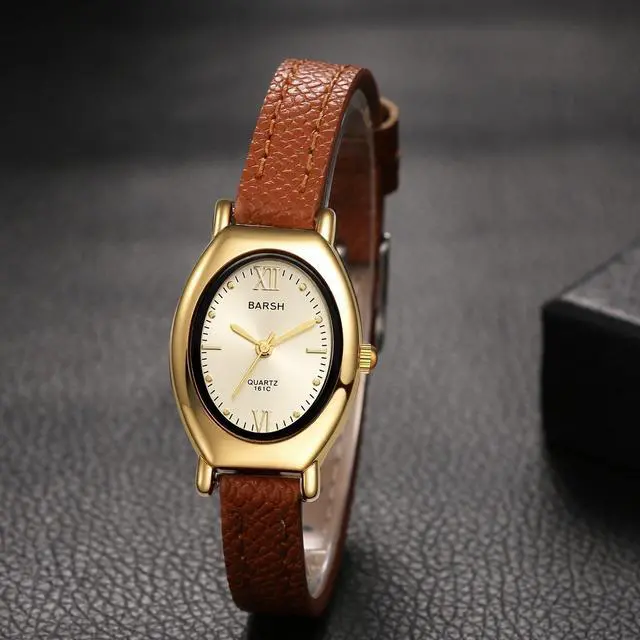 Alt view image 2 of 7 - Women's Leather Oval Watches: Ladies Gold Tone Vintage Retro Elegant Oval Face Leather Band Slim Strap Analog Quartz Wrist Watch