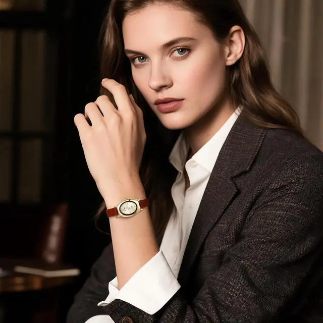 Alt view image 4 of 7 - Women's Leather Oval Watches: Ladies Gold Tone Vintage Retro Elegant Oval Face Leather Band Slim Strap Analog Quartz Wrist Watch