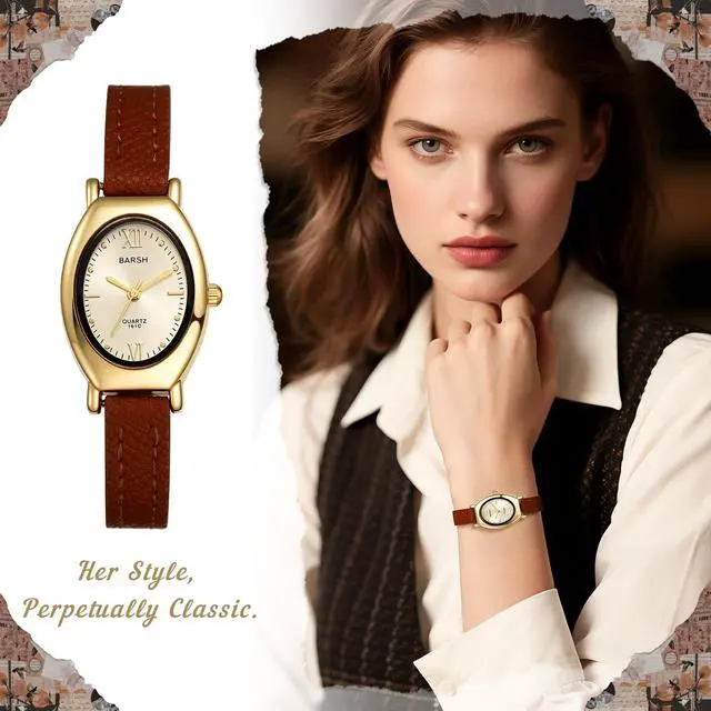 Alt view image 5 of 7 - Women's Leather Oval Watches: Ladies Gold Tone Vintage Retro Elegant Oval Face Leather Band Slim Strap Analog Quartz Wrist Watch