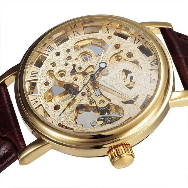 Alt view image 2 of 4 - Men's Mechanical Skeleton Transparent Vintage Style Leather Wrist Watch