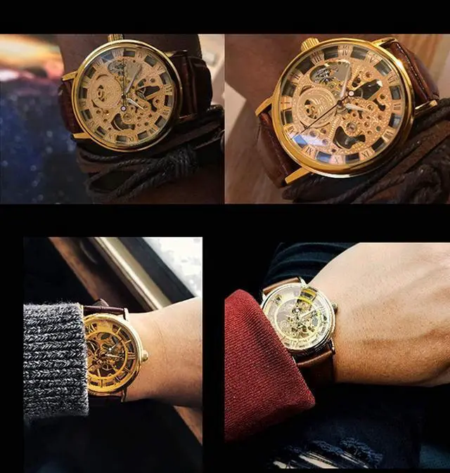 Alt view image 4 of 4 - Men's Mechanical Skeleton Transparent Vintage Style Leather Wrist Watch