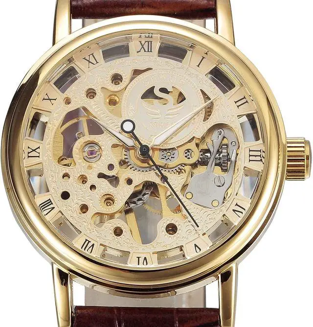 Alt view image 3 of 4 - Men's Mechanical Skeleton Transparent Vintage Style Leather Wrist Watch