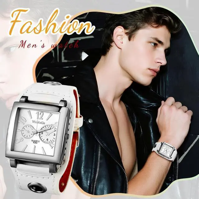 Alt view image 5 of 7 - Men's Leather Square Watches: Oversized Steampunk Large Dial Big Face Wide Band Retro Cuff Wrist Watch