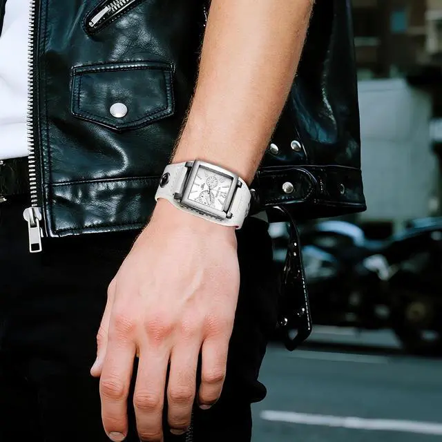 Alt view image 4 of 7 - Men's Leather Square Watches: Oversized Steampunk Large Dial Big Face Wide Band Retro Cuff Wrist Watch