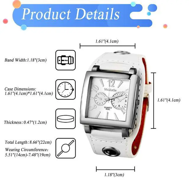 Alt view image 6 of 7 - Men's Leather Square Watches: Oversized Steampunk Large Dial Big Face Wide Band Retro Cuff Wrist Watch