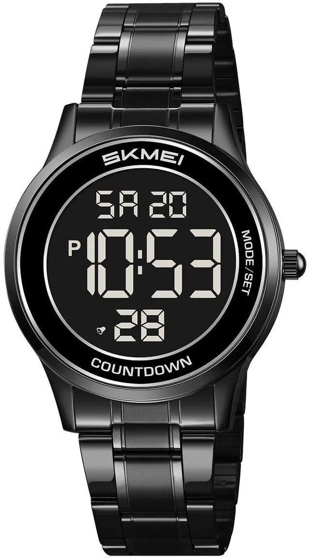Main image of Mens and Womens Digital Retro Watch with Stainless Steel Bracelet Waterproof LED Wristwatch with Alarm, Stopwatch, Countdown, Classic Business Watches (Black Black)