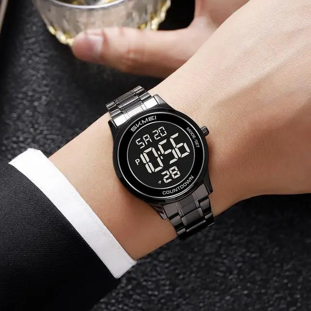 Alt view image 3 of 6 - Mens and Womens Digital Retro Watch with Stainless Steel Bracelet Waterproof LED Wristwatch with Alarm, Stopwatch, Countdown, Classic Business Watches (Black Black)