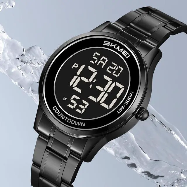 Alt view image 5 of 6 - Mens and Womens Digital Retro Watch with Stainless Steel Bracelet Waterproof LED Wristwatch with Alarm, Stopwatch, Countdown, Classic Business Watches (Black Black)