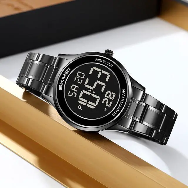 Alt view image 4 of 6 - Mens and Womens Digital Retro Watch with Stainless Steel Bracelet Waterproof LED Wristwatch with Alarm, Stopwatch, Countdown, Classic Business Watches (Black Black)