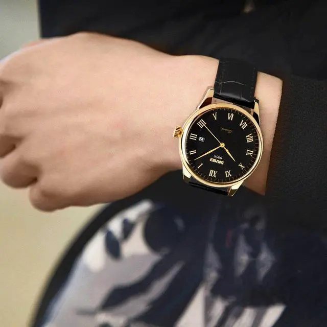 Alt view image 2 of 7 - Business Mens Quartz Wristwatches Leather Band Roman Numeral Casual Analog Watches Water Resist (Black+Gold)