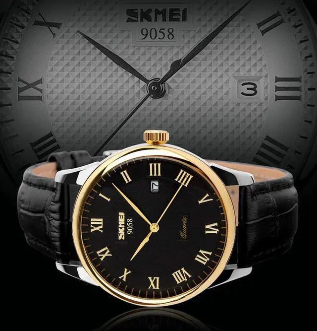 Alt view image 3 of 7 - Business Mens Quartz Wristwatches Leather Band Roman Numeral Casual Analog Watches Water Resist (Black+Gold)