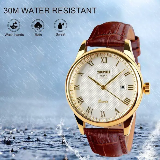 Alt view image 6 of 7 - Business Mens Quartz Wristwatches Leather Band Roman Numeral Casual Analog Watches Water Resist (Black+Gold)