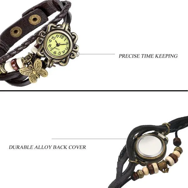 Alt view image 3 of 7 - New Women Wristwatch Butterfly Quartz Vintage Weave Wrap Leather Strap Lady Bracelet Watch
