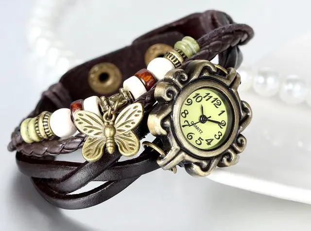 Alt view image 7 of 7 - New Women Wristwatch Butterfly Quartz Vintage Weave Wrap Leather Strap Lady Bracelet Watch