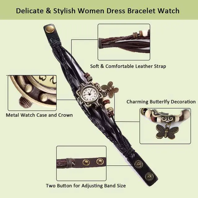 Alt view image 4 of 7 - New Women Wristwatch Butterfly Quartz Vintage Weave Wrap Leather Strap Lady Bracelet Watch