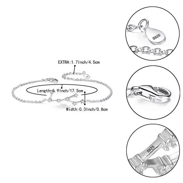 Alt view image 4 of 6 - 925 Sterling Silver Bracelet -"Virgo" Constellation Zodiac 12 Horoscope Astrology Women CZ Link Bracelet Clear April Birthstone