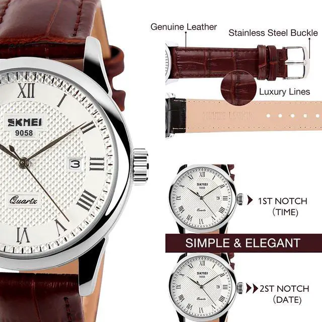 Alt view image 4 of 7 - Mens Leather Band Quartz Watch, Men's Analog Business Working Roman Numeral Casual Waterproof Watches with Calendar Date Daily Dress Fashion Wristwatch - Brown