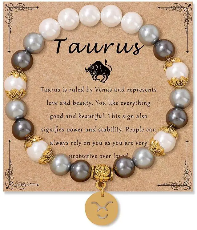 Main image of ZodiacSigns Spirit Bracelet Zodiac Bracelet for Women Men Adjustable 12 Constellation Bracelet White and Grey Pearl Beaded Stretch Bracelet Constellation Charm Bracelet Birthday Jewelry Gifts (Taurus)