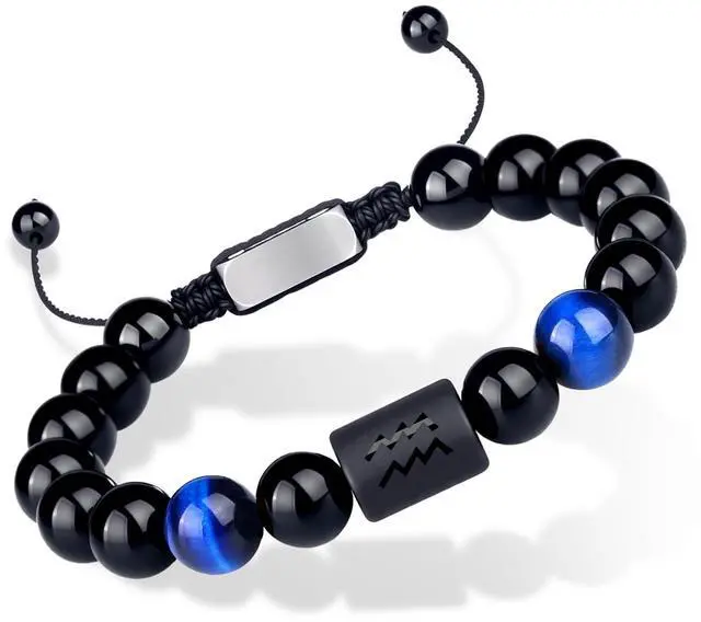 Main image of Non-tarnish Zodiac Bead Bracelet Leo Gifts for Men Women,Black Onyx Stone Star Sign Constellation Horoscope Jewelry (Aquarius-Blue)