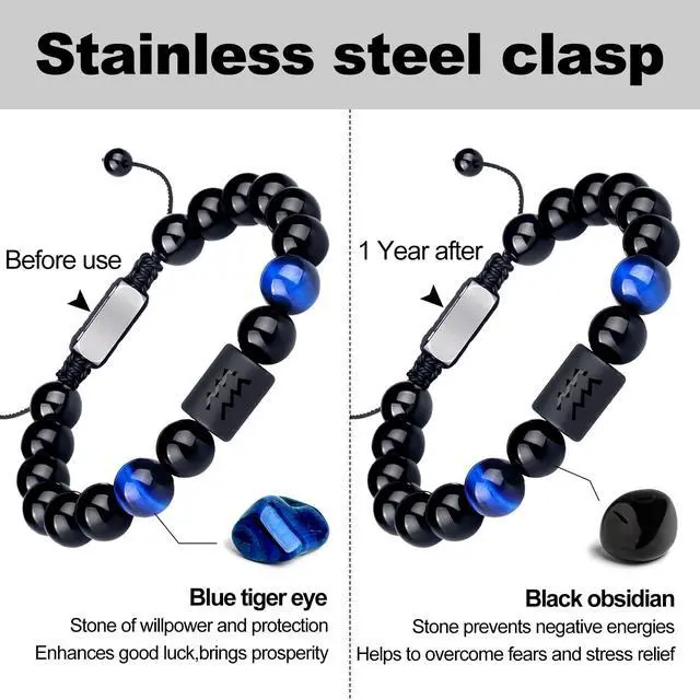 Alt view image 5 of 6 - Non-tarnish Zodiac Bead Bracelet Leo Gifts for Men Women,Black Onyx Stone Star Sign Constellation Horoscope Jewelry (Aquarius-Blue)