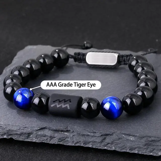 Alt view image 2 of 6 - Non-tarnish Zodiac Bead Bracelet Leo Gifts for Men Women,Black Onyx Stone Star Sign Constellation Horoscope Jewelry (Aquarius-Blue)