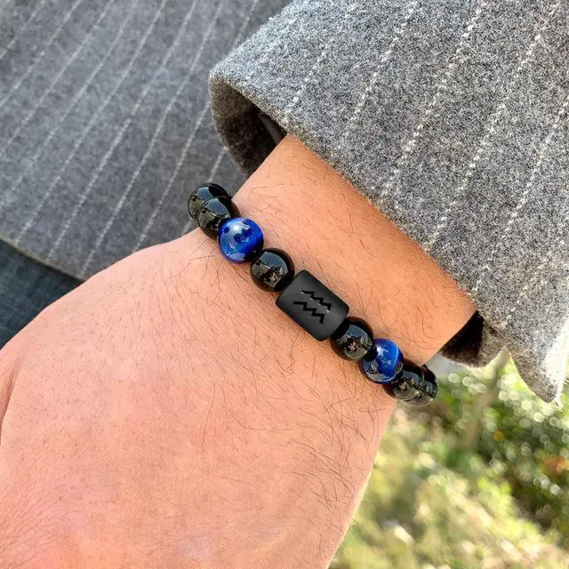 Alt view image 3 of 6 - Non-tarnish Zodiac Bead Bracelet Leo Gifts for Men Women,Black Onyx Stone Star Sign Constellation Horoscope Jewelry (Aquarius-Blue)