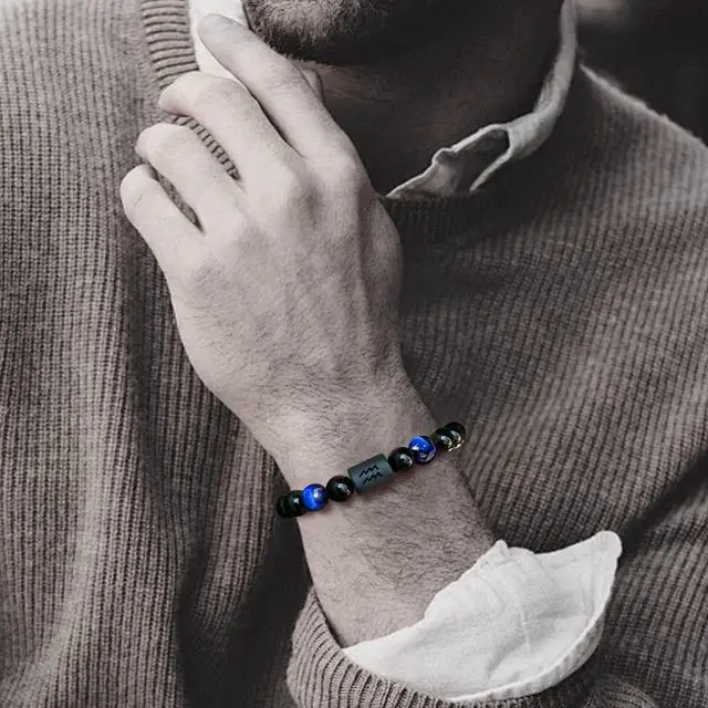 Alt view image 4 of 6 - Non-tarnish Zodiac Bead Bracelet Leo Gifts for Men Women,Black Onyx Stone Star Sign Constellation Horoscope Jewelry (Aquarius-Blue)