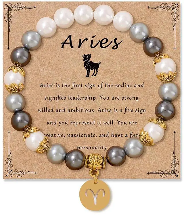 Main image of Zodiac Signs Spirit Bracelet Zodiac Bracelet for Women Men Adjustable 12 Constellation Bracelet White and Grey Pearl Beaded Stretch Bracelet Constellation Charm Bracelet Birthday Jewelry Gifts (Aries)