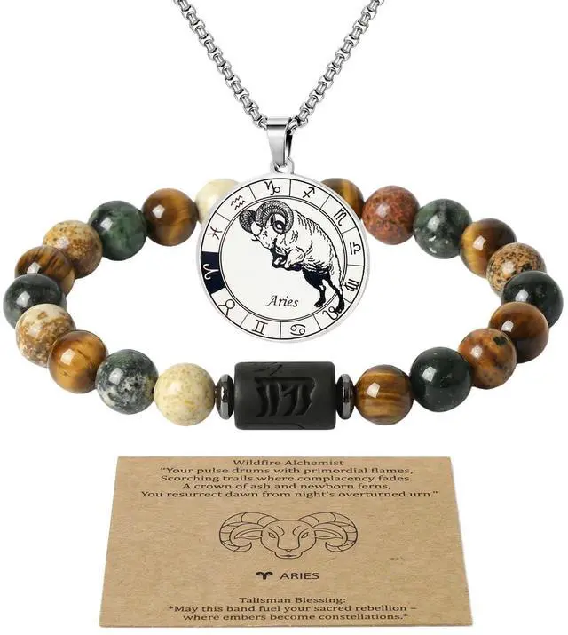 Main image of Zodiac Jewelry Set for Women and Men, 12 Constellation Necklace and Natural Stone Bracelet with Blessing Card, Stainless Steel Astrology Jewelry Gift for Birthday Anniversary (Aries - Silver)