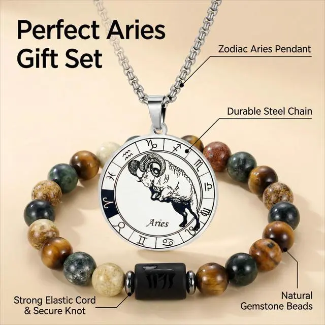 Alt view image 2 of 7 - Zodiac Jewelry Set for Women and Men, 12 Constellation Necklace and Natural Stone Bracelet with Blessing Card, Stainless Steel Astrology Jewelry Gift for Birthday Anniversary (Aries - Silver)