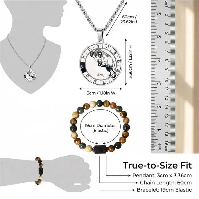 Alt view image 4 of 7 - Zodiac Jewelry Set for Women and Men, 12 Constellation Necklace and Natural Stone Bracelet with Blessing Card, Stainless Steel Astrology Jewelry Gift for Birthday Anniversary (Aries - Silver)