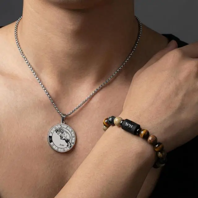 Alt view image 7 of 7 - Zodiac Jewelry Set for Women and Men, 12 Constellation Necklace and Natural Stone Bracelet with Blessing Card, Stainless Steel Astrology Jewelry Gift for Birthday Anniversary (Aries - Silver)