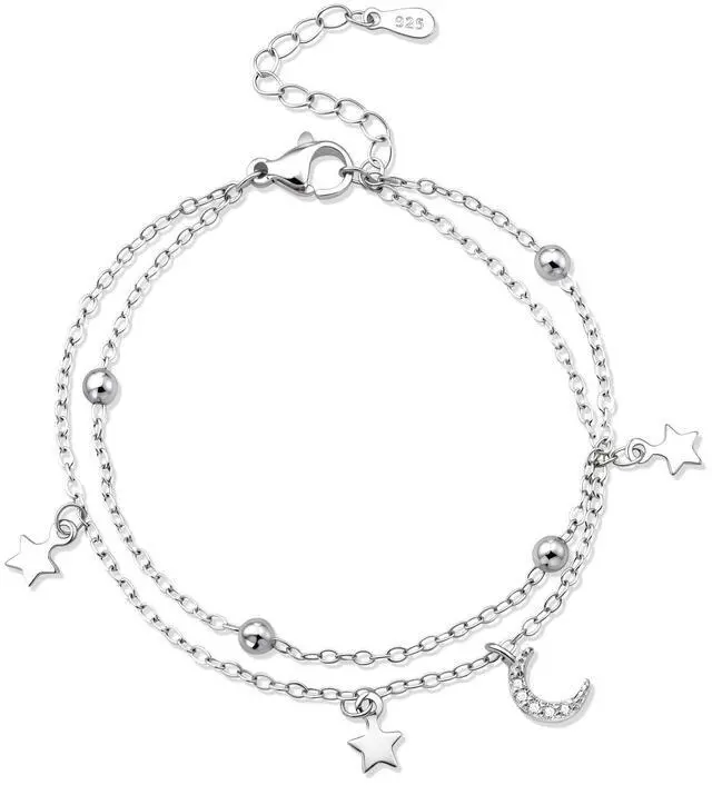 Main image of Silver Bracelet for Women Layered Moon and Star Bracelet Adjustable Satellite Chain Jewelry Summer Beach Jewelry