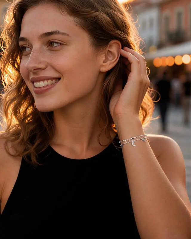 Alt view image 2 of 7 - Silver Bracelet for Women Layered Moon and Star Bracelet Adjustable Satellite Chain Jewelry Summer Beach Jewelry