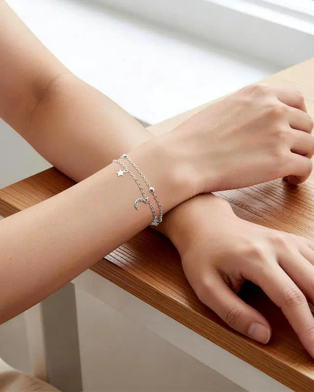 Alt view image 4 of 7 - Silver Bracelet for Women Layered Moon and Star Bracelet Adjustable Satellite Chain Jewelry Summer Beach Jewelry