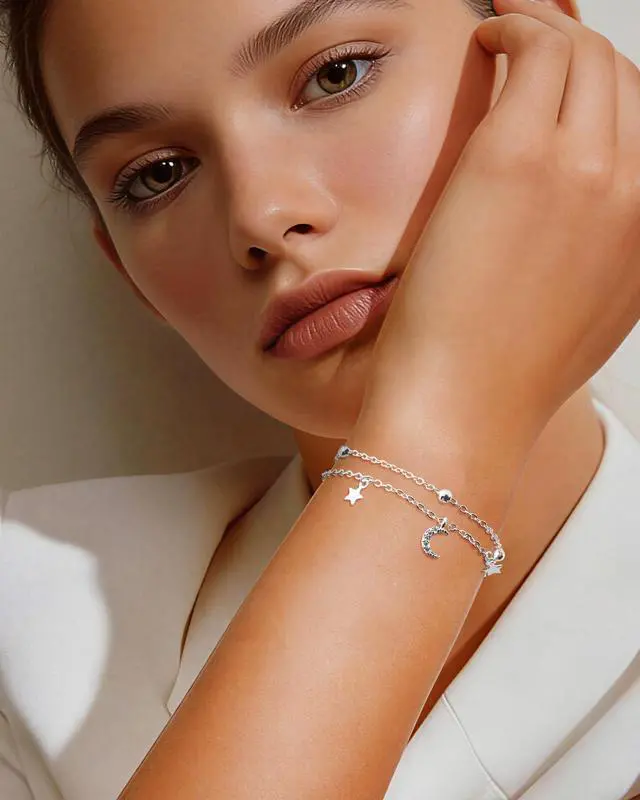 Alt view image 5 of 7 - Silver Bracelet for Women Layered Moon and Star Bracelet Adjustable Satellite Chain Jewelry Summer Beach Jewelry