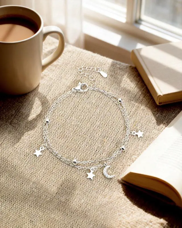 Alt view image 6 of 7 - Silver Bracelet for Women Layered Moon and Star Bracelet Adjustable Satellite Chain Jewelry Summer Beach Jewelry