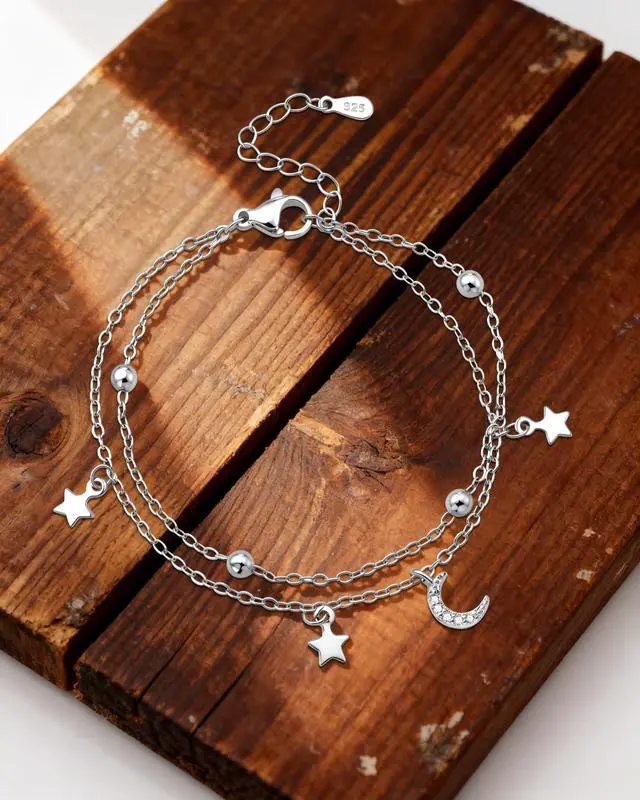 Alt view image 7 of 7 - Silver Bracelet for Women Layered Moon and Star Bracelet Adjustable Satellite Chain Jewelry Summer Beach Jewelry