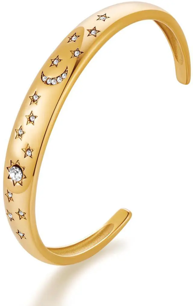Main image of Bracelet for Women Diamond-Cut Star and Moon Bangle 18K Gold Plated Stainless Steel Bracelet Cubic Zirconia Accents Statement Jewelry Non-Tarnish Bracelet Birthday Gift for Her